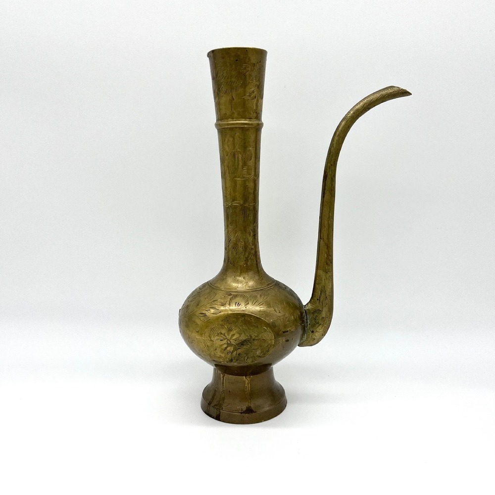 Etched Brass Vase Pitcher Coffee Vintage Floral Design Home Decor 10" Tall India